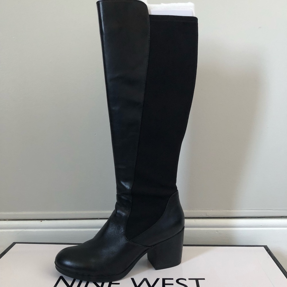 Nine West black Leather to the knee heeled boots